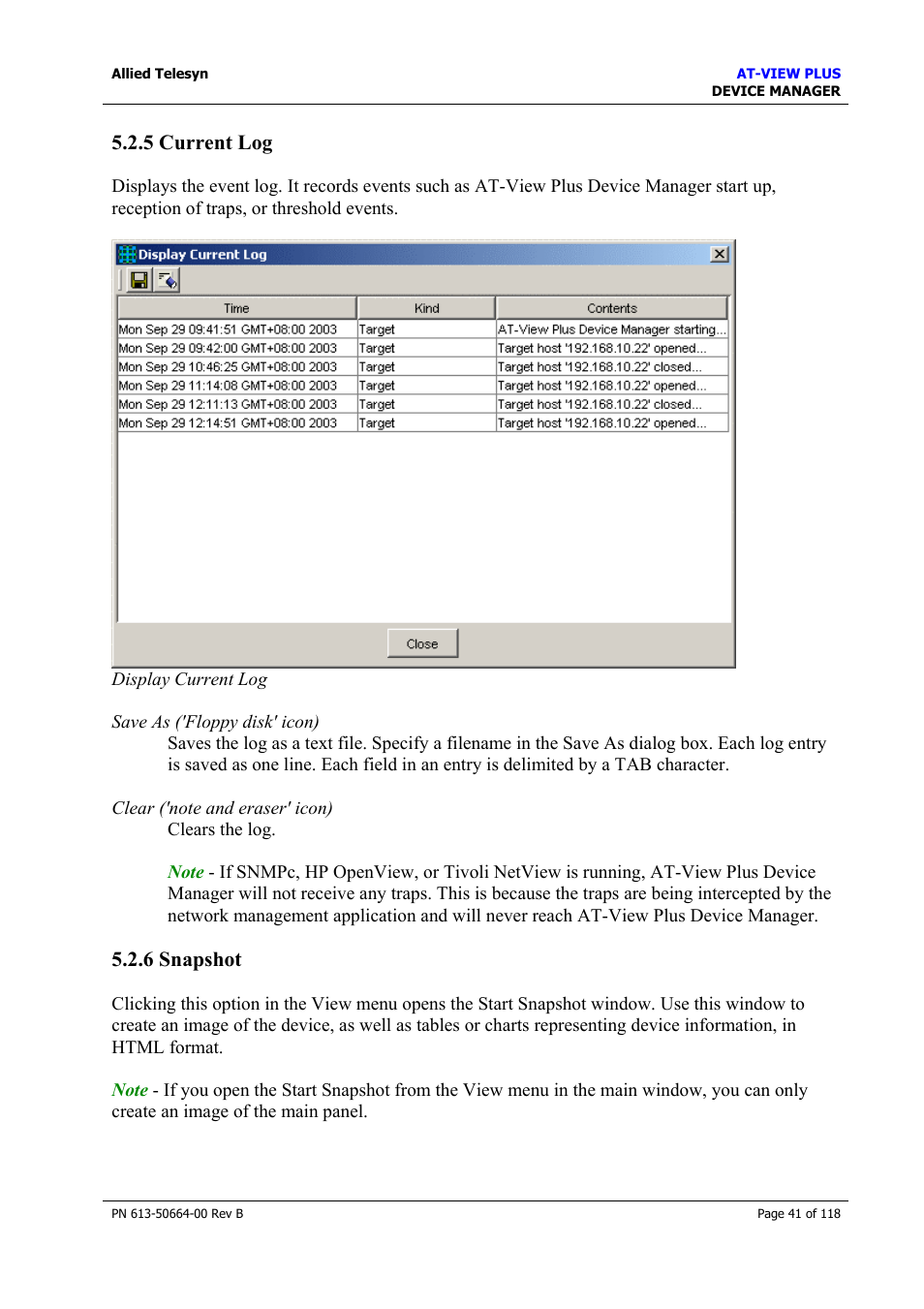 5 current log, 6 snapshot, 5 current log 5.2.6 snapshot | Current log, Snapshot | Allied Telesis AT-VIEW PLUS 3.1 DEVICE MANAGER User Manual | Page 41 / 118