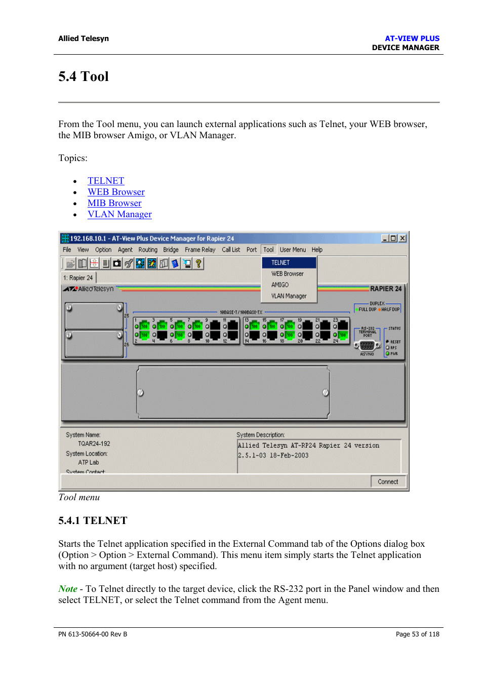 4 tool, 1 telnet | Allied Telesis AT-VIEW PLUS 3.1 DEVICE MANAGER User Manual | Page 53 / 118