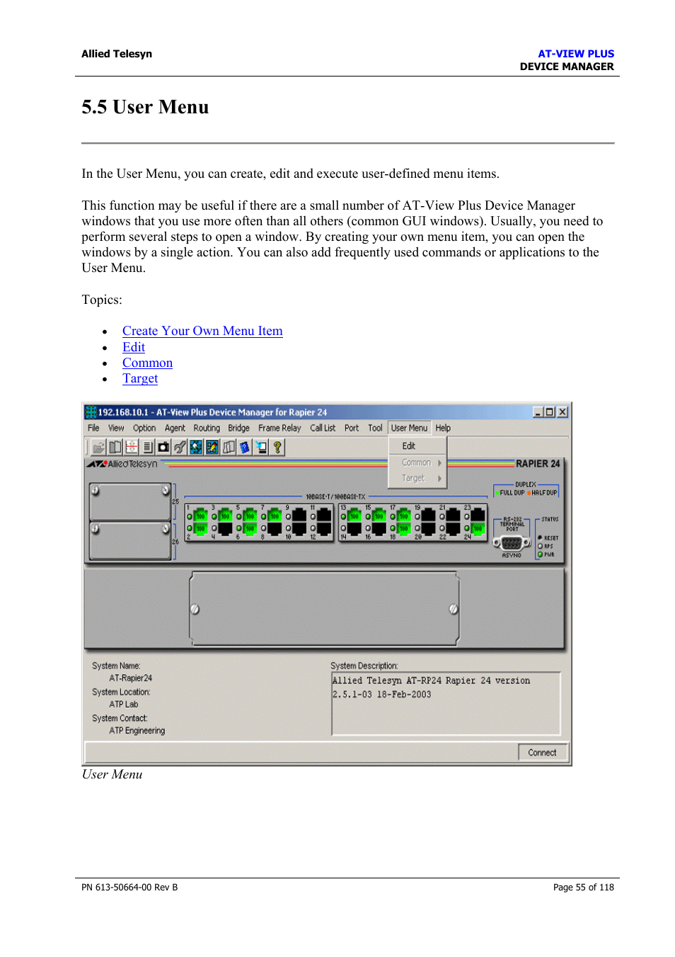 5 user menu | Allied Telesis AT-VIEW PLUS 3.1 DEVICE MANAGER User Manual | Page 55 / 118