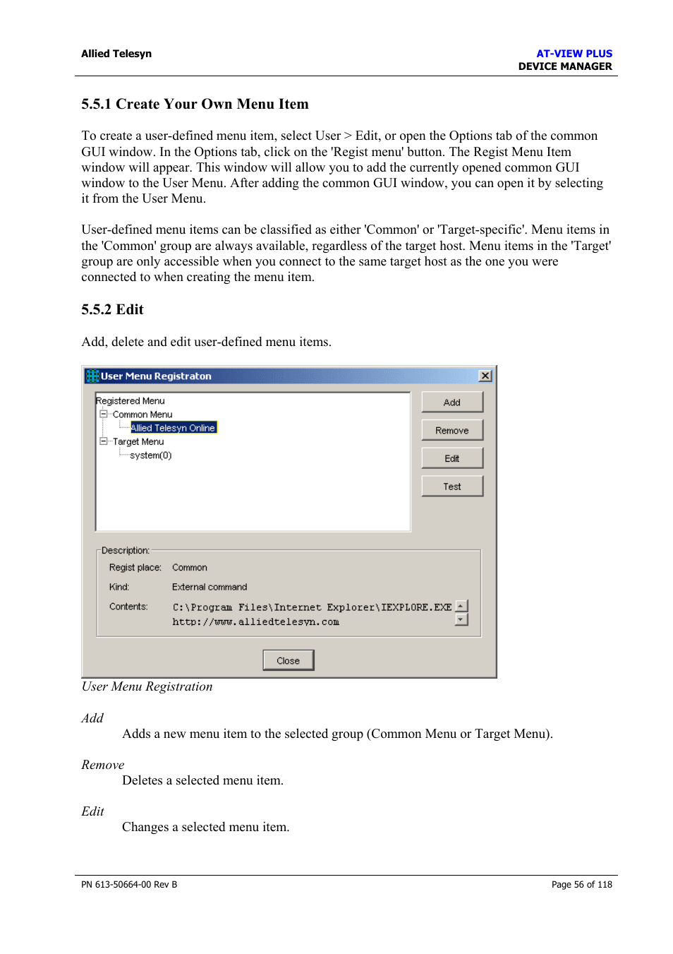 1 create your own menu item, 2 edit, 1 create your own menu item 5.5.2 edit | Edit | Allied Telesis AT-VIEW PLUS 3.1 DEVICE MANAGER User Manual | Page 56 / 118