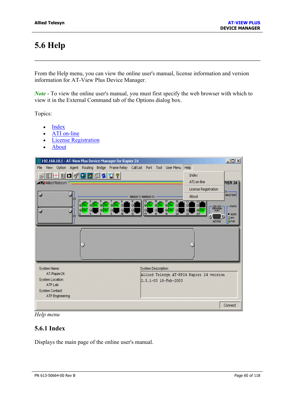 6 help, 1 index | Allied Telesis AT-VIEW PLUS 3.1 DEVICE MANAGER User Manual | Page 60 / 118
