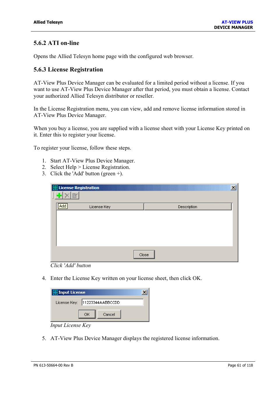 2 ati on-line, 3 license registration, 2 ati on-line 5.6.3 license registration | License registration, About | Allied Telesis AT-VIEW PLUS 3.1 DEVICE MANAGER User Manual | Page 61 / 118