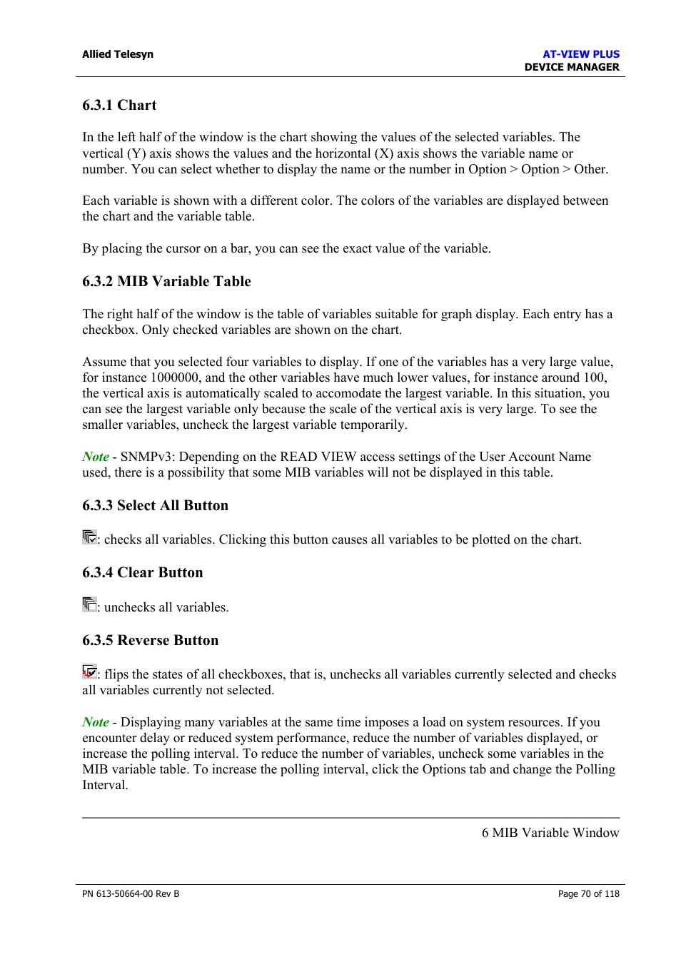 1 chart, 2 mib variable table, 3 select all button | 4 clear button, 5 reverse button, Edit tab, Chart, Mib variable table, Select all button, Clear button | Allied Telesis AT-VIEW PLUS 3.1 DEVICE MANAGER User Manual | Page 70 / 118