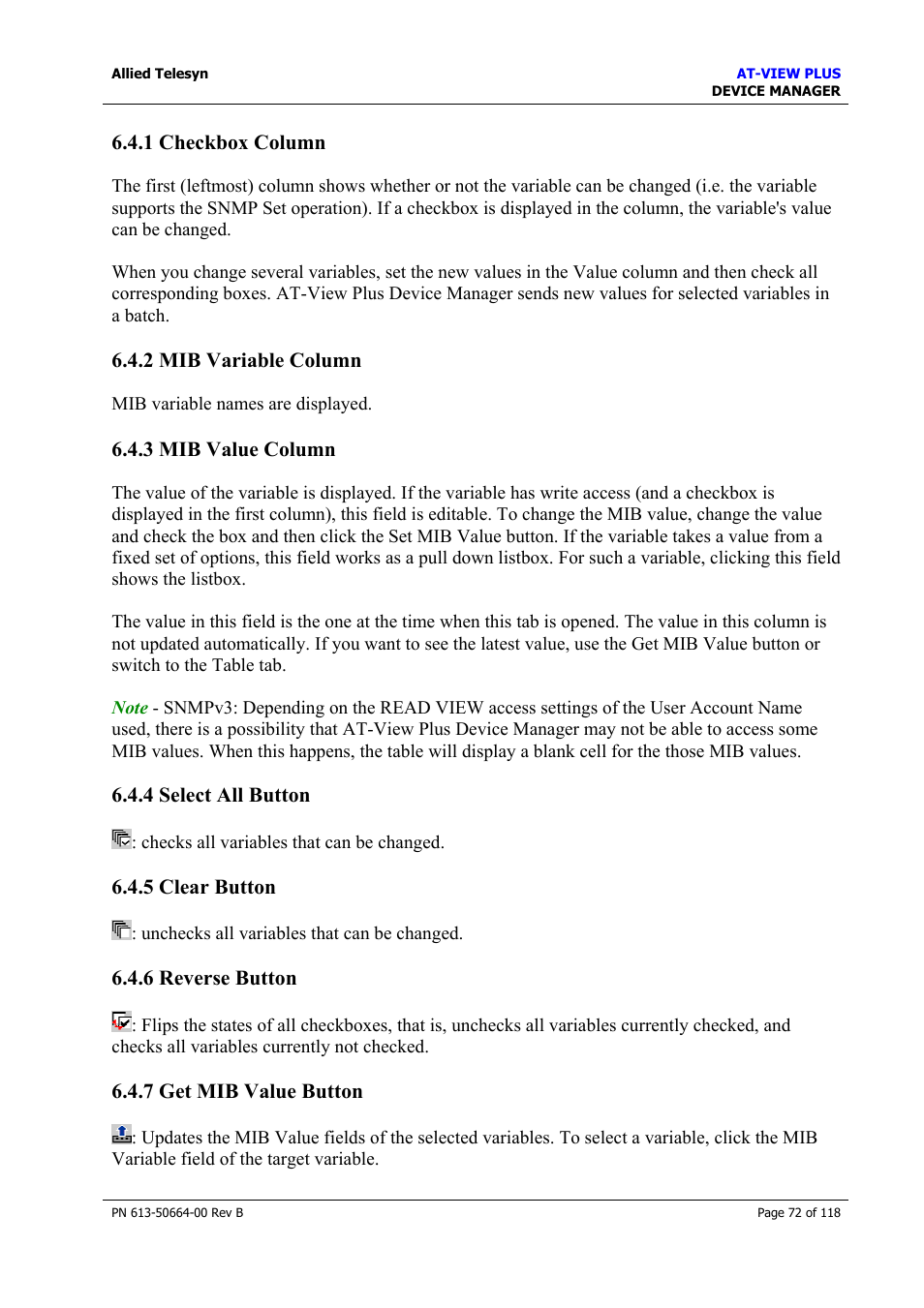 1 checkbox column, 2 mib variable column, 3 mib value column | 4 select all button, 5 clear button, 6 reverse button, 7 get mib value button, Checkbox column, Mib variable column, Mib value column | Allied Telesis AT-VIEW PLUS 3.1 DEVICE MANAGER User Manual | Page 72 / 118