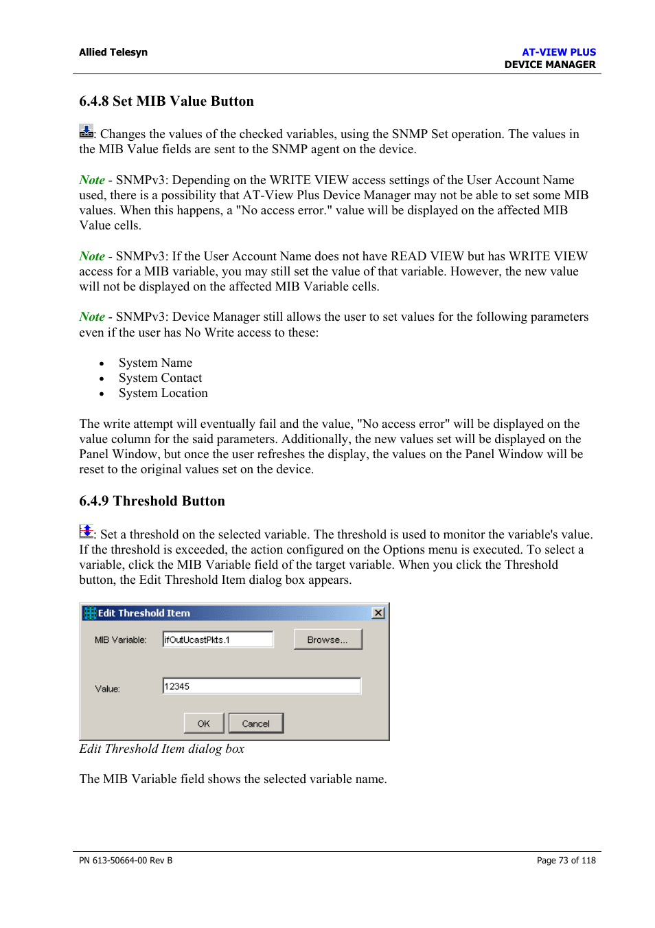 8 set mib value button, 9 threshold button, Set mib value button | Threshold button | Allied Telesis AT-VIEW PLUS 3.1 DEVICE MANAGER User Manual | Page 73 / 118