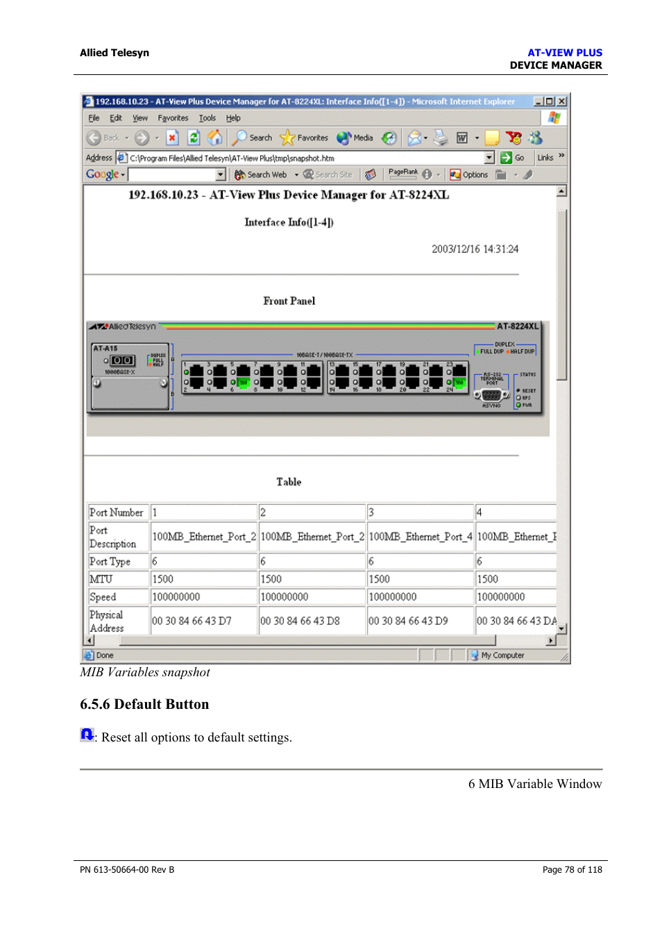 6 default button, Rmon, Default button | Allied Telesis AT-VIEW PLUS 3.1 DEVICE MANAGER User Manual | Page 78 / 118