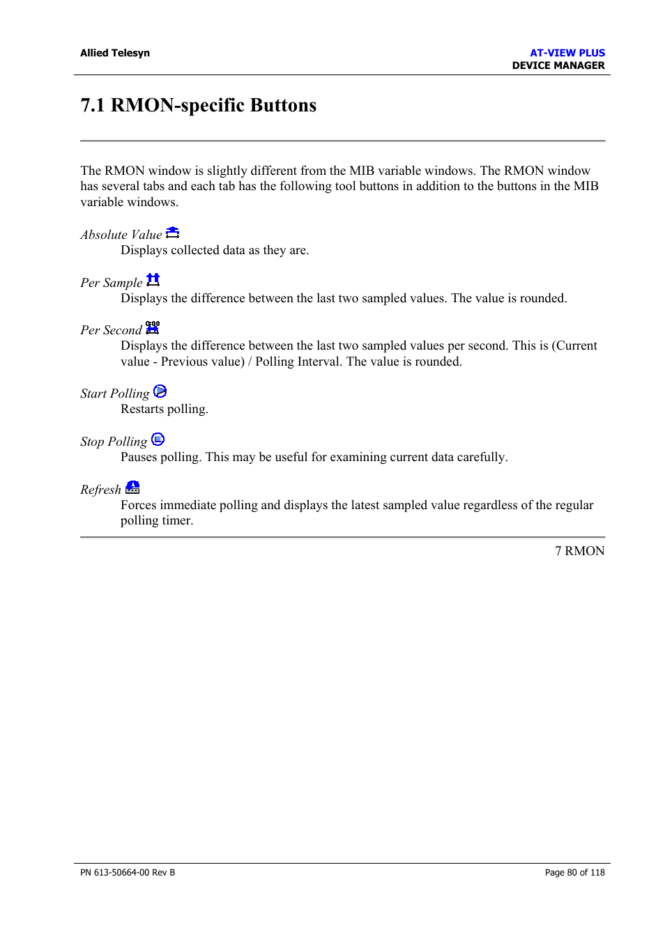 1 rmon-specific buttons, Statistics | Allied Telesis AT-VIEW PLUS 3.1 DEVICE MANAGER User Manual | Page 80 / 118
