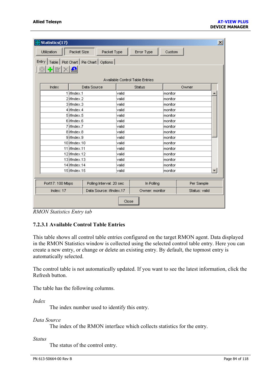 1 available control table entries, Available control table entries | Allied Telesis AT-VIEW PLUS 3.1 DEVICE MANAGER User Manual | Page 84 / 118
