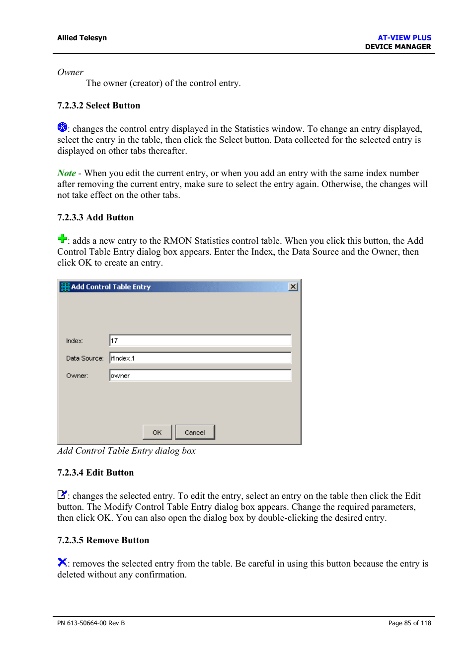 2 select button, 3 add button, 4 edit button | 5 remove button, Table tab, Select button, Add button, Edit button, Remove button | Allied Telesis AT-VIEW PLUS 3.1 DEVICE MANAGER User Manual | Page 85 / 118