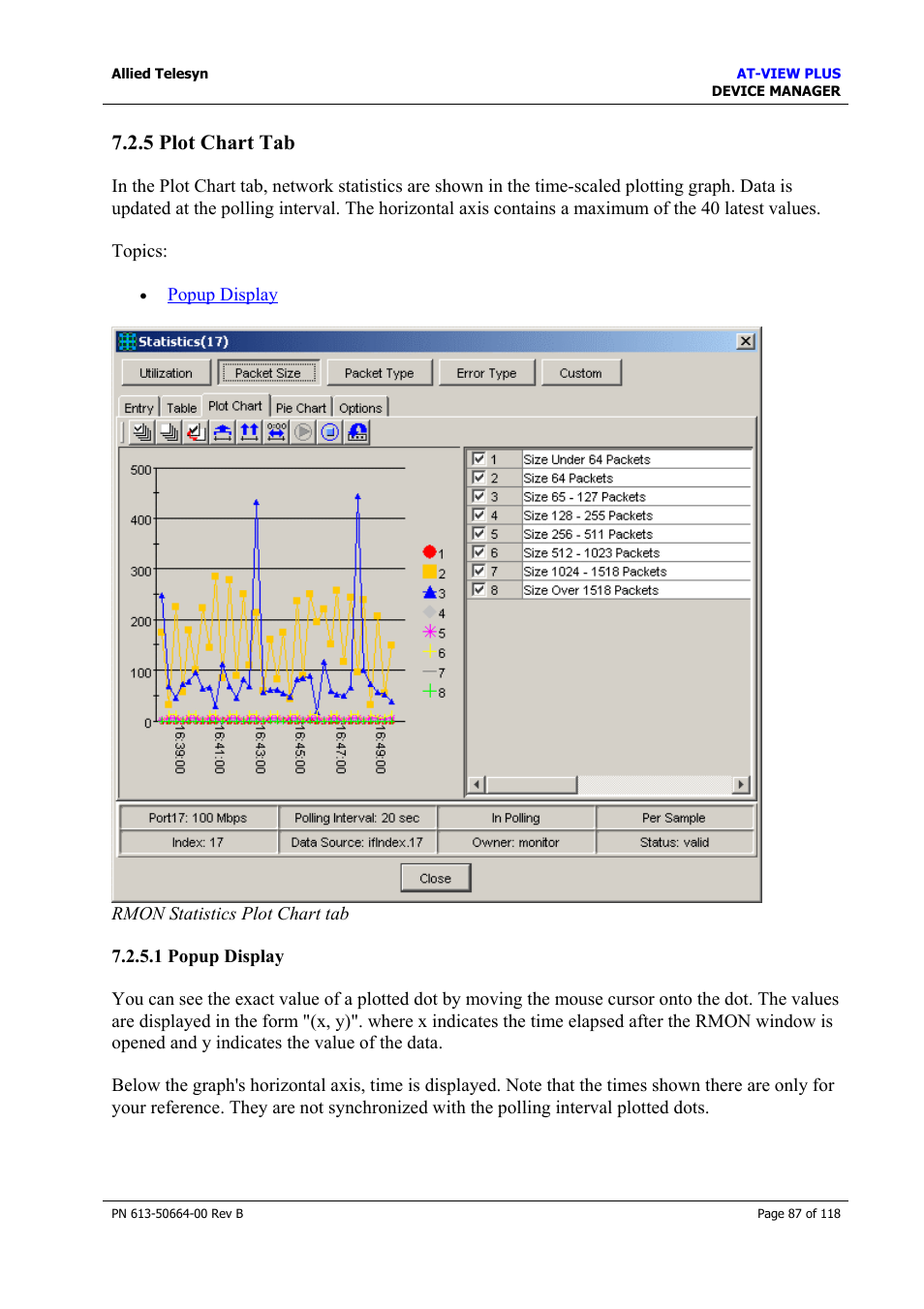 5 plot chart tab, 1 popup display, Plot chart tab | Pie chart tab | Allied Telesis AT-VIEW PLUS 3.1 DEVICE MANAGER User Manual | Page 87 / 118