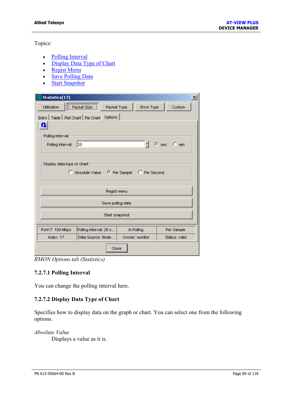 1 polling interval, 2 display data type of chart | Allied Telesis AT-VIEW PLUS 3.1 DEVICE MANAGER User Manual | Page 89 / 118