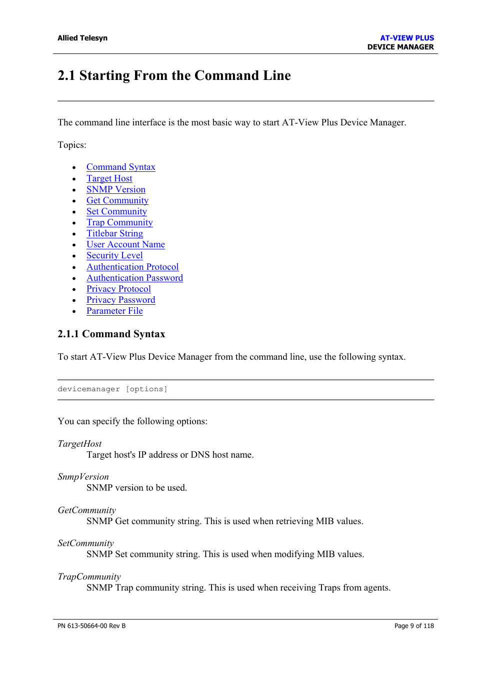 1 starting from the command line, 1 command syntax | Allied Telesis AT-VIEW PLUS 3.1 DEVICE MANAGER User Manual | Page 9 / 118