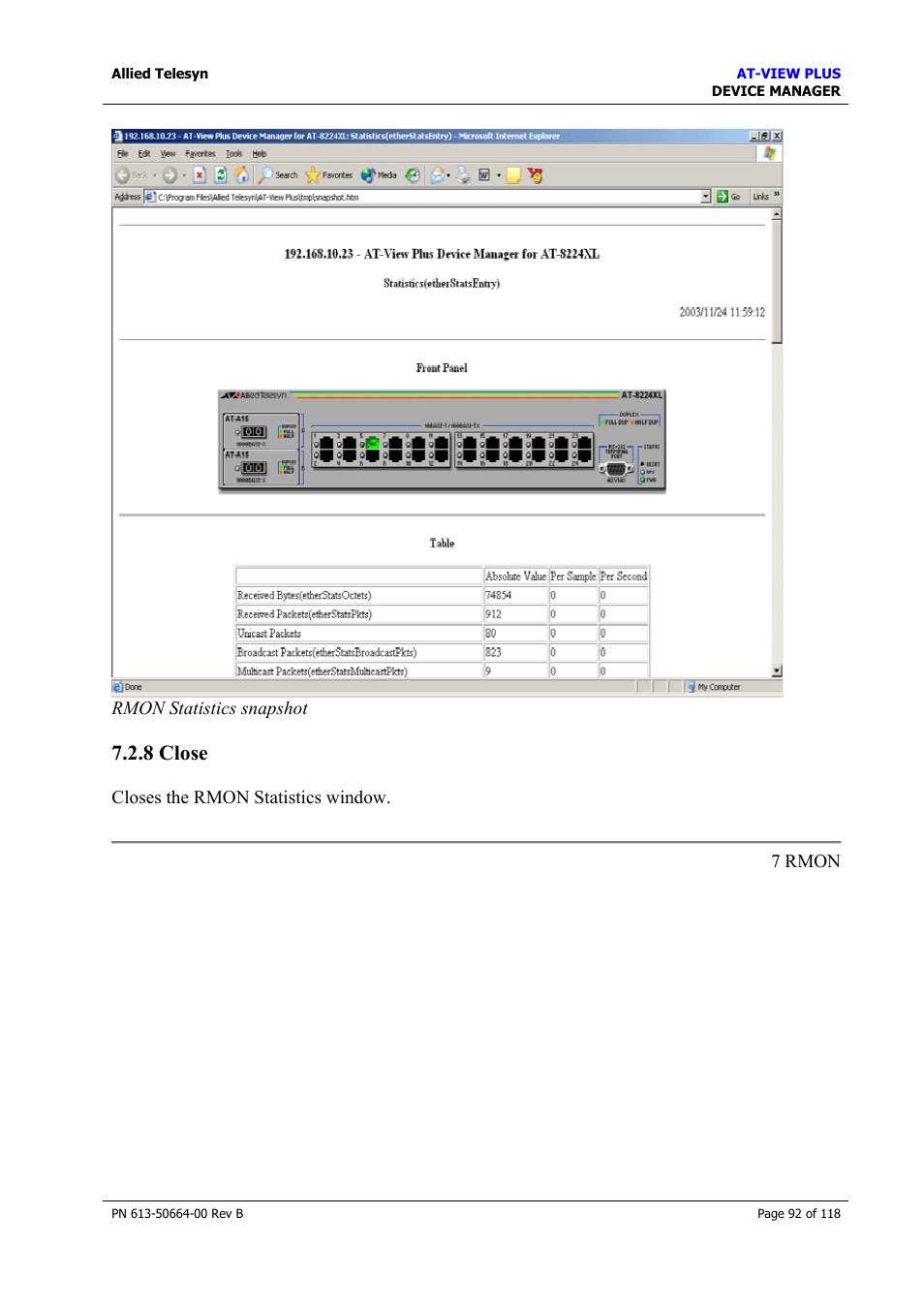 8 close, History control table, Close | Allied Telesis AT-VIEW PLUS 3.1 DEVICE MANAGER User Manual | Page 92 / 118