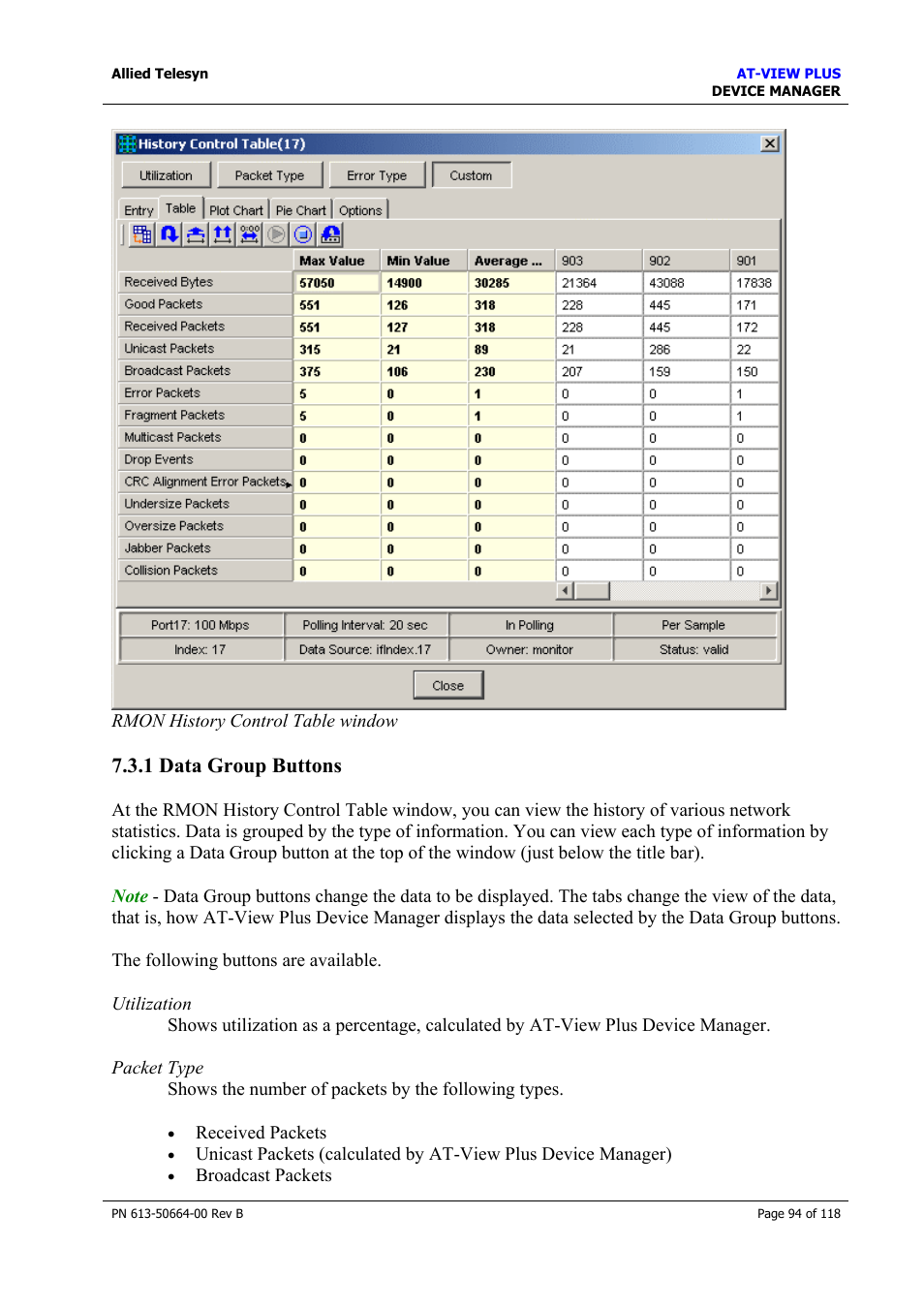 1 data group buttons, Data group buttons | Allied Telesis AT-VIEW PLUS 3.1 DEVICE MANAGER User Manual | Page 94 / 118
