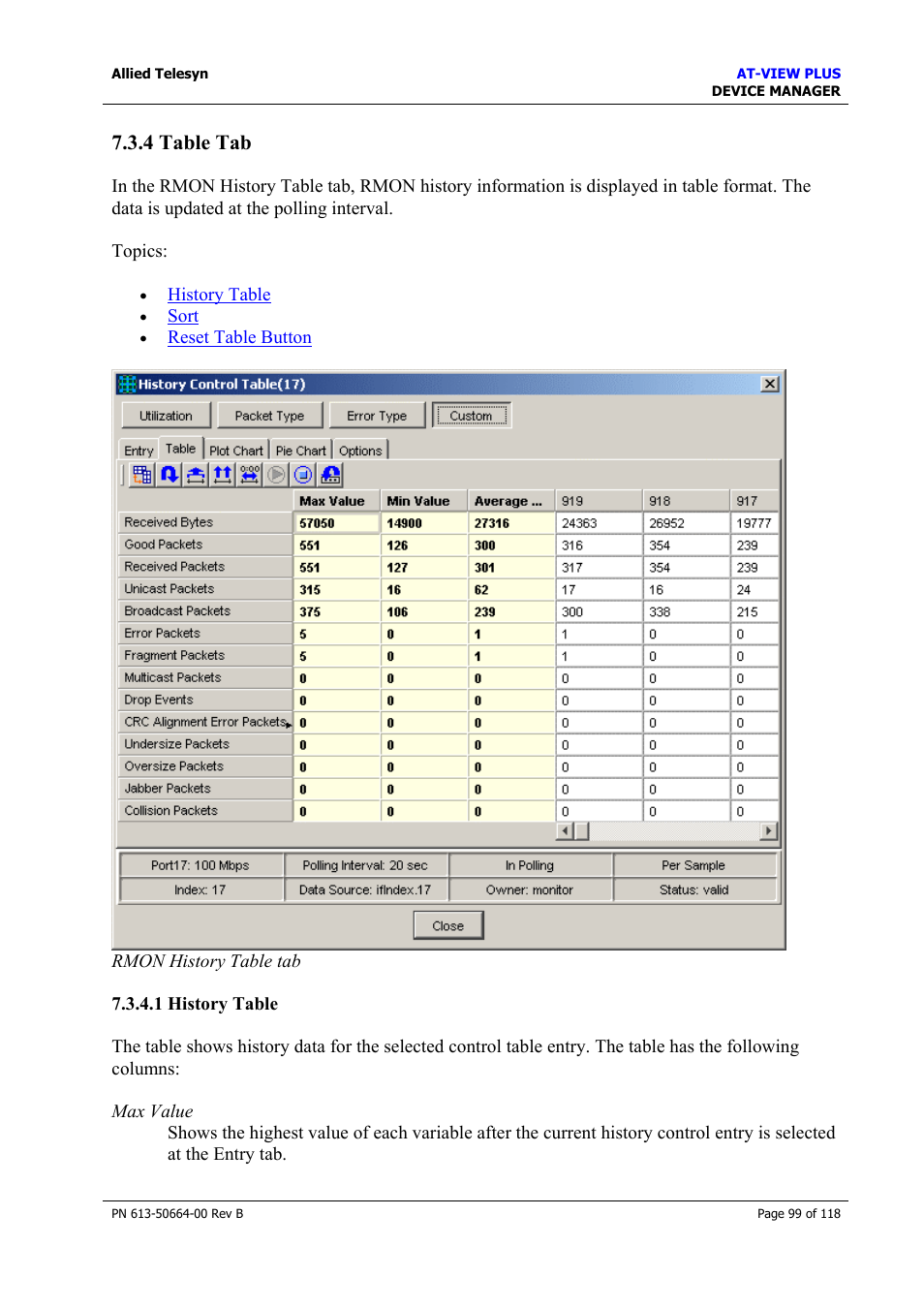4 table tab, 1 history table | Allied Telesis AT-VIEW PLUS 3.1 DEVICE MANAGER User Manual | Page 99 / 118