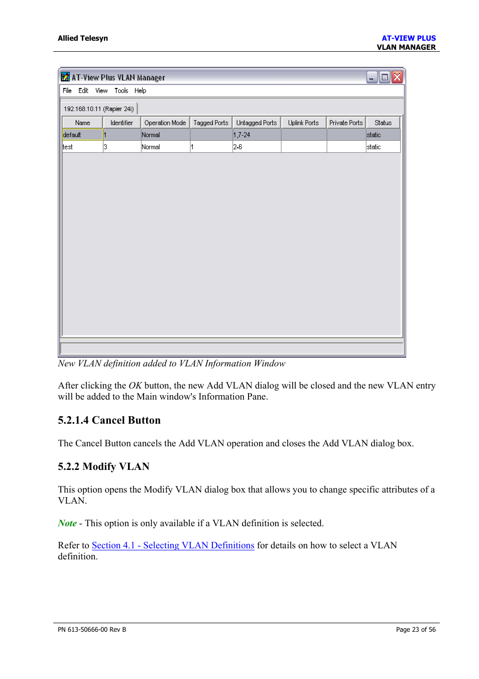 4 cancel button, 2 modify vlan, Modify vlan | Allied Telesis AT-VIEW PLUS 3.1 VLAN MANAGER User Manual | Page 23 / 56