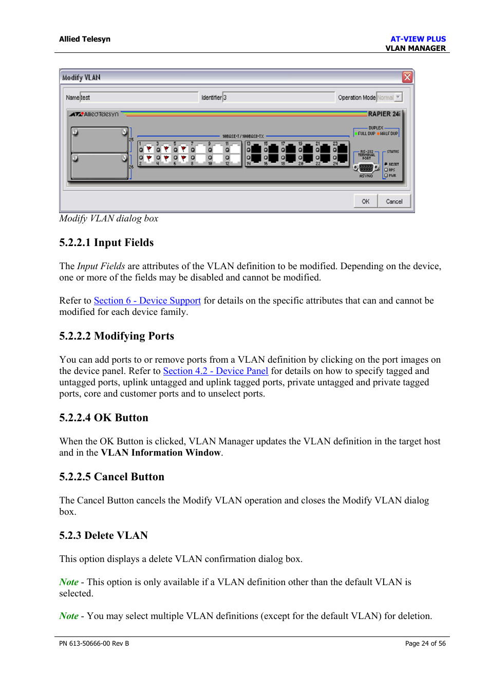 1 input fields, 2 modifying ports, 4 ok button | 5 cancel button, 3 delete vlan, Delete vlan | Allied Telesis AT-VIEW PLUS 3.1 VLAN MANAGER User Manual | Page 24 / 56
