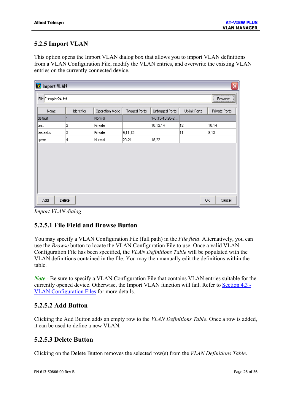 5 import vlan, 1 file field and browse button, 2 add button | 3 delete button | Allied Telesis AT-VIEW PLUS 3.1 VLAN MANAGER User Manual | Page 26 / 56