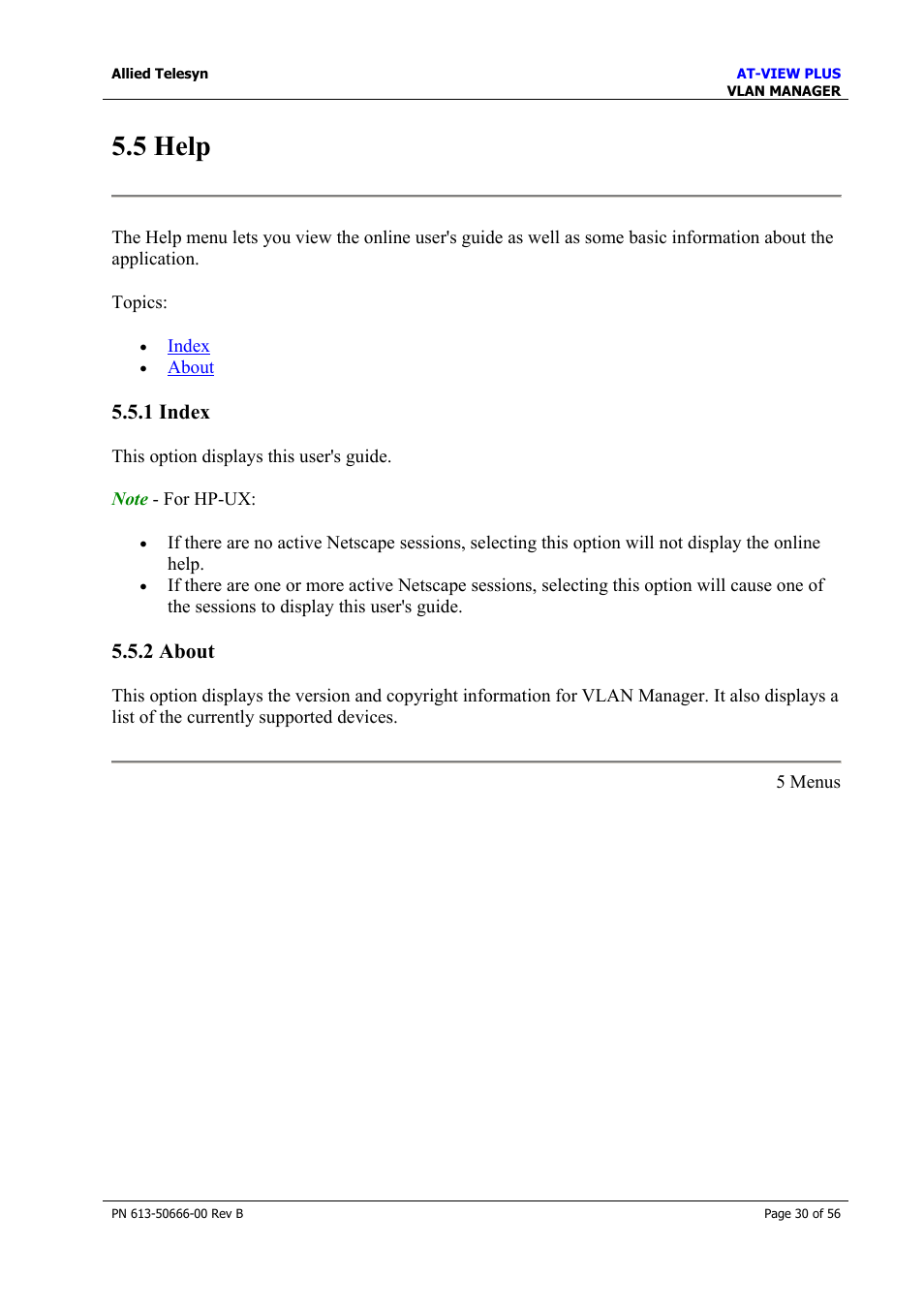5 help, 1 index, 2 about | 1 index 5.5.2 about, Device support, Section 6 - device support | Allied Telesis AT-VIEW PLUS 3.1 VLAN MANAGER User Manual | Page 30 / 56