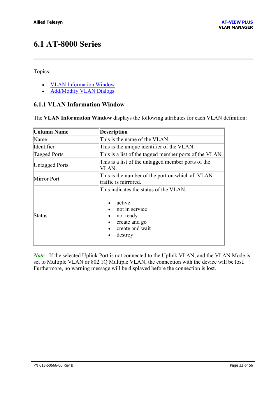 1 at-8000 series, 1 vlan information window | Allied Telesis AT-VIEW PLUS 3.1 VLAN MANAGER User Manual | Page 32 / 56