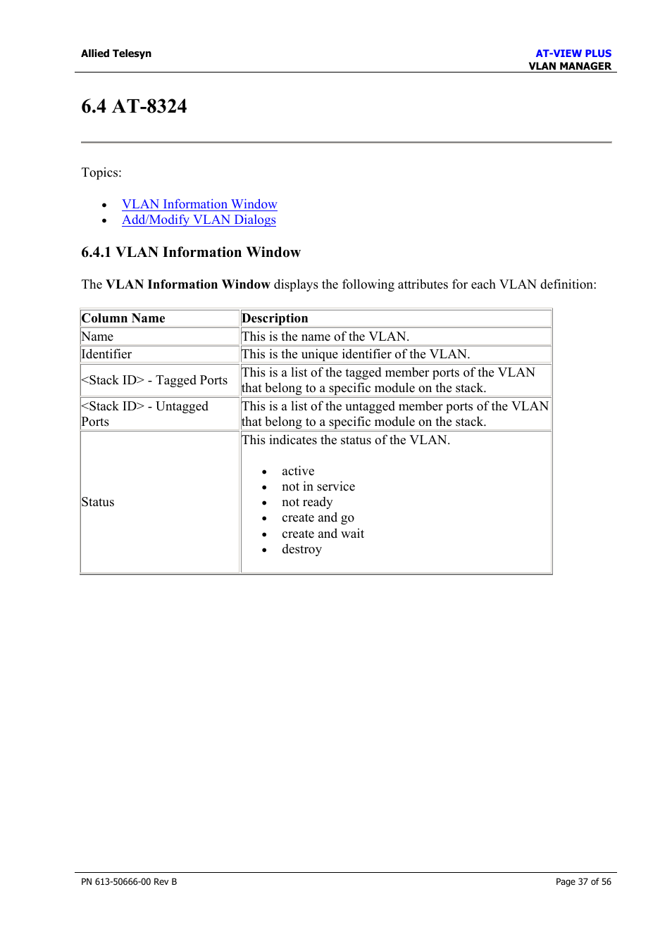 4 at-8324, 1 vlan information window | Allied Telesis AT-VIEW PLUS 3.1 VLAN MANAGER User Manual | Page 37 / 56