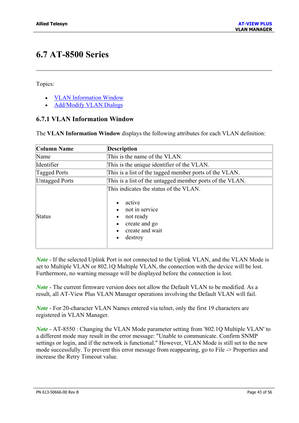 7 at-8500 series, 1 vlan information window | Allied Telesis AT-VIEW PLUS 3.1 VLAN MANAGER User Manual | Page 43 / 56