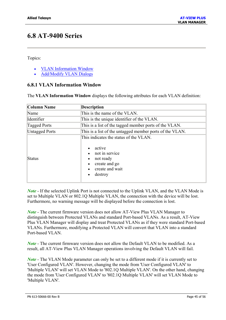 8 at-9400 series, 1 vlan information window | Allied Telesis AT-VIEW PLUS 3.1 VLAN MANAGER User Manual | Page 45 / 56