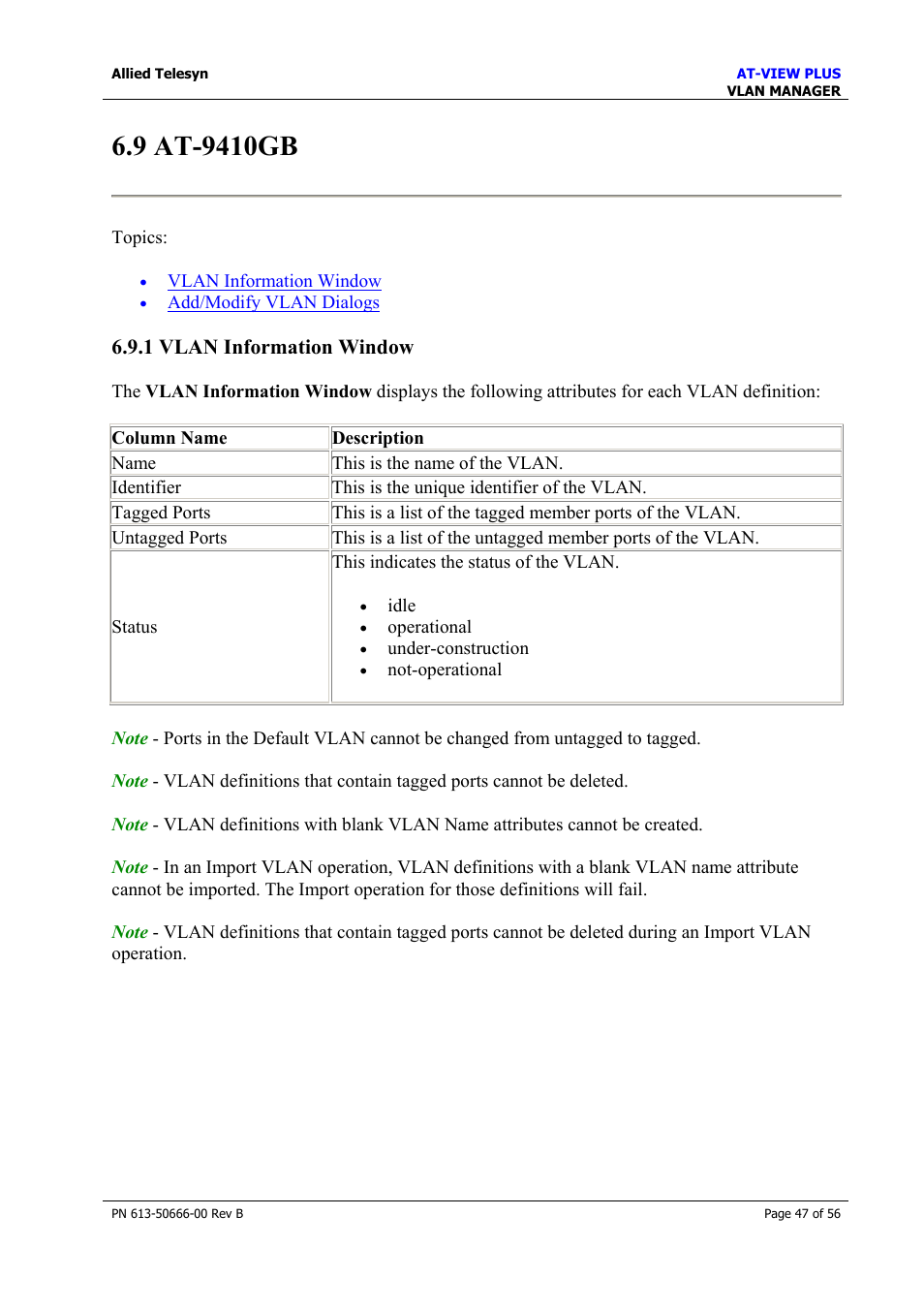 9 at-9410gb, 1 vlan information window | Allied Telesis AT-VIEW PLUS 3.1 VLAN MANAGER User Manual | Page 47 / 56