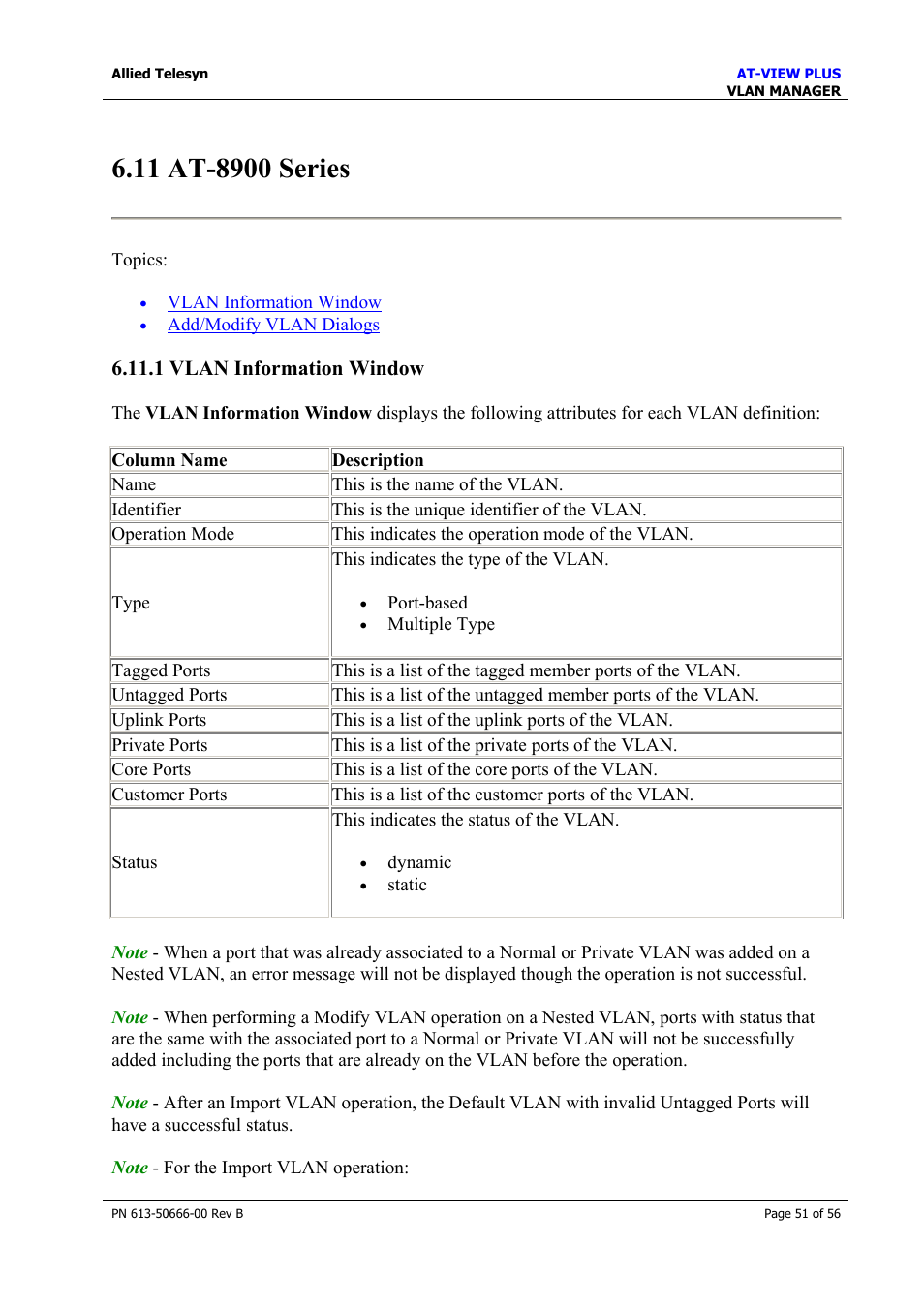 11 at-8900 series, 1 vlan information window | Allied Telesis AT-VIEW PLUS 3.1 VLAN MANAGER User Manual | Page 51 / 56