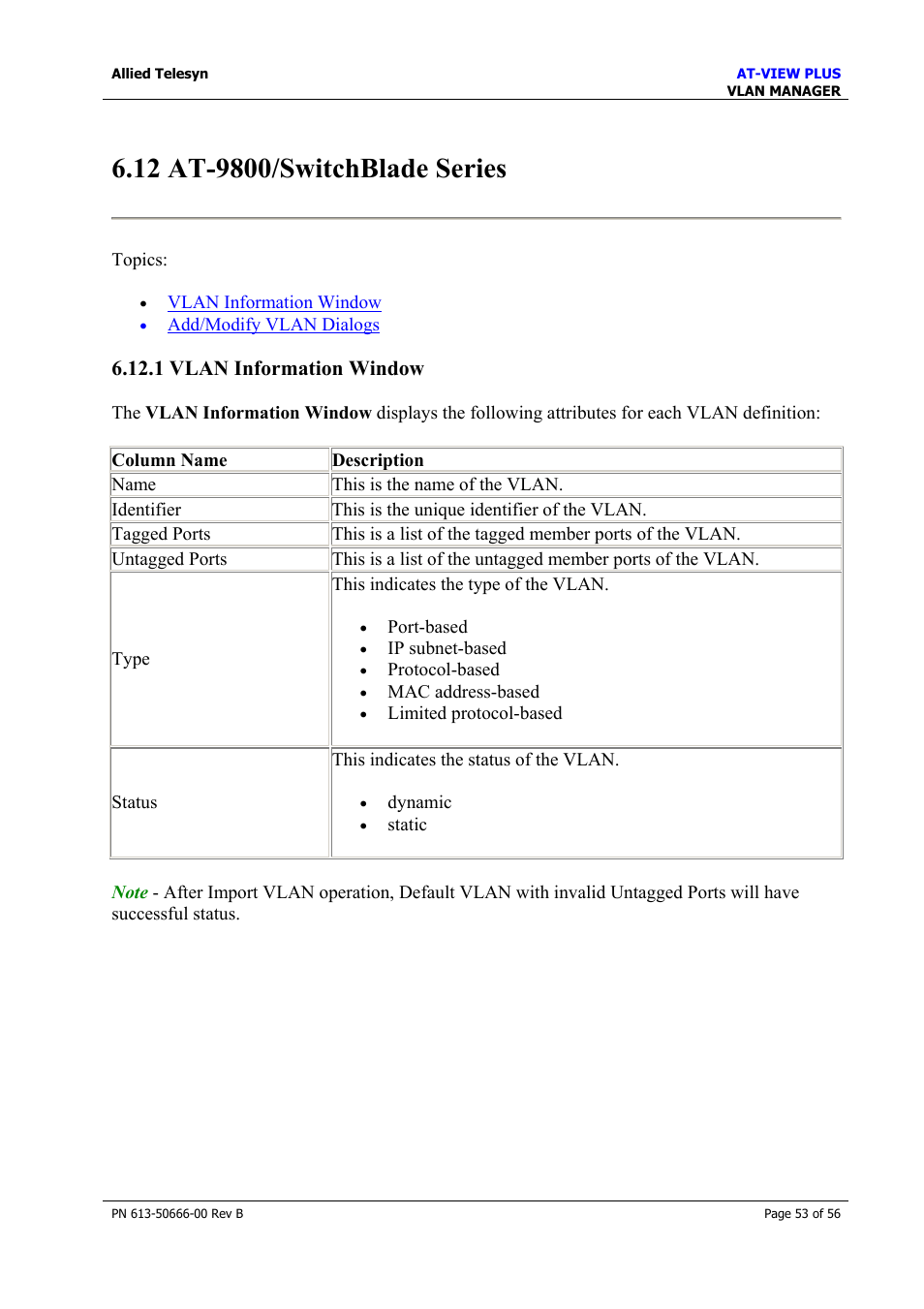 12 at-9800/switchblade series, 1 vlan information window | Allied Telesis AT-VIEW PLUS 3.1 VLAN MANAGER User Manual | Page 53 / 56