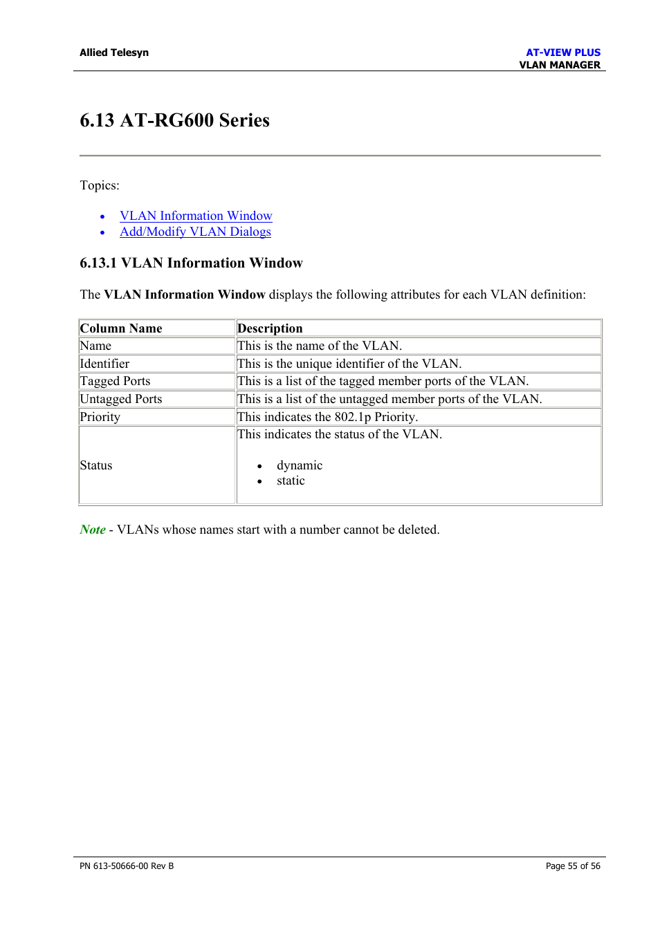 13 at-rg600 series, 1 vlan information window | Allied Telesis AT-VIEW PLUS 3.1 VLAN MANAGER User Manual | Page 55 / 56