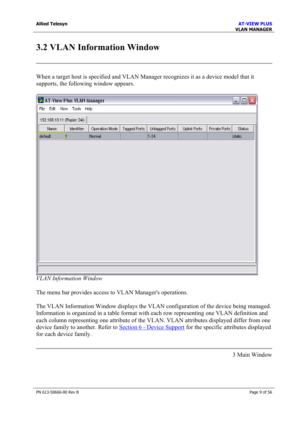 2 vlan information window, Basic operations | Allied Telesis AT-VIEW PLUS 3.1 VLAN MANAGER User Manual | Page 9 / 56