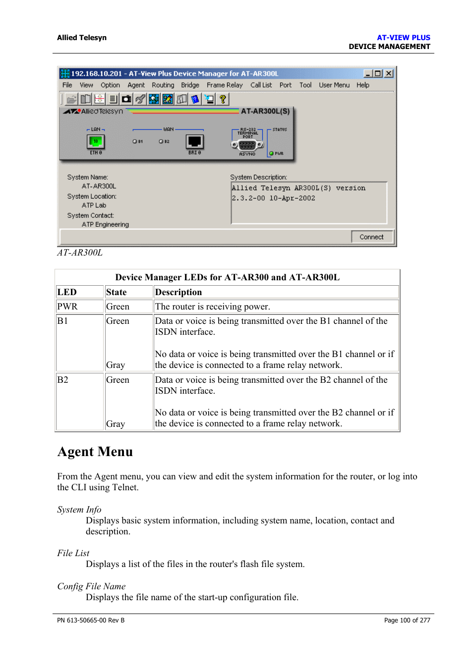 Agent menu | Allied Telesis AT-VIEW PLUS 3.1 DEVICE MANAGEMENT User Manual | Page 100 / 277