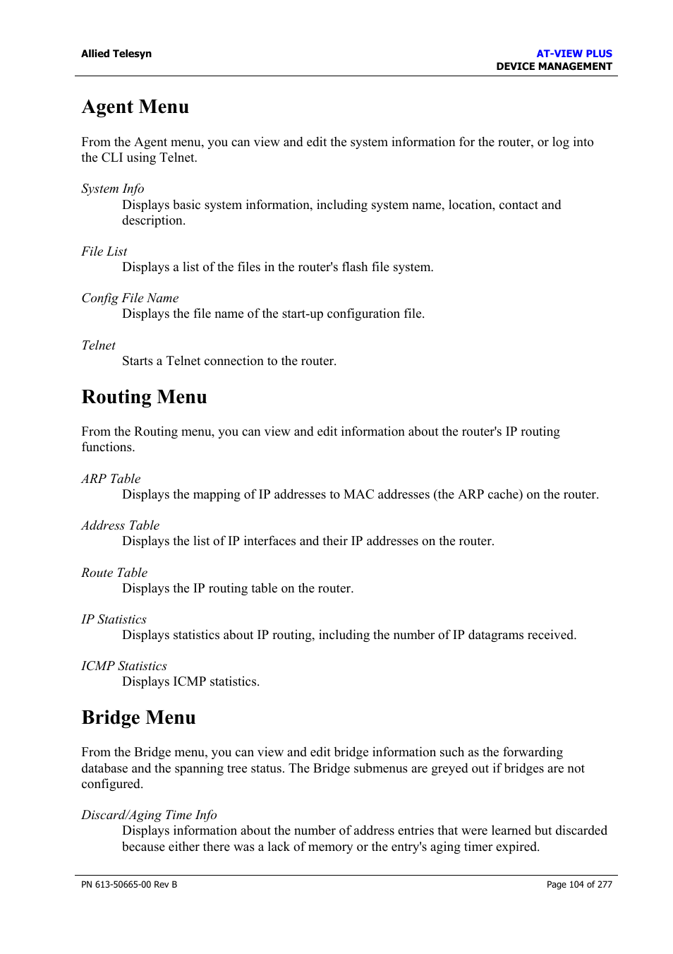 Agent menu, Routing menu, Bridge menu | Agent menu routing menu bridge menu | Allied Telesis AT-VIEW PLUS 3.1 DEVICE MANAGEMENT User Manual | Page 104 / 277