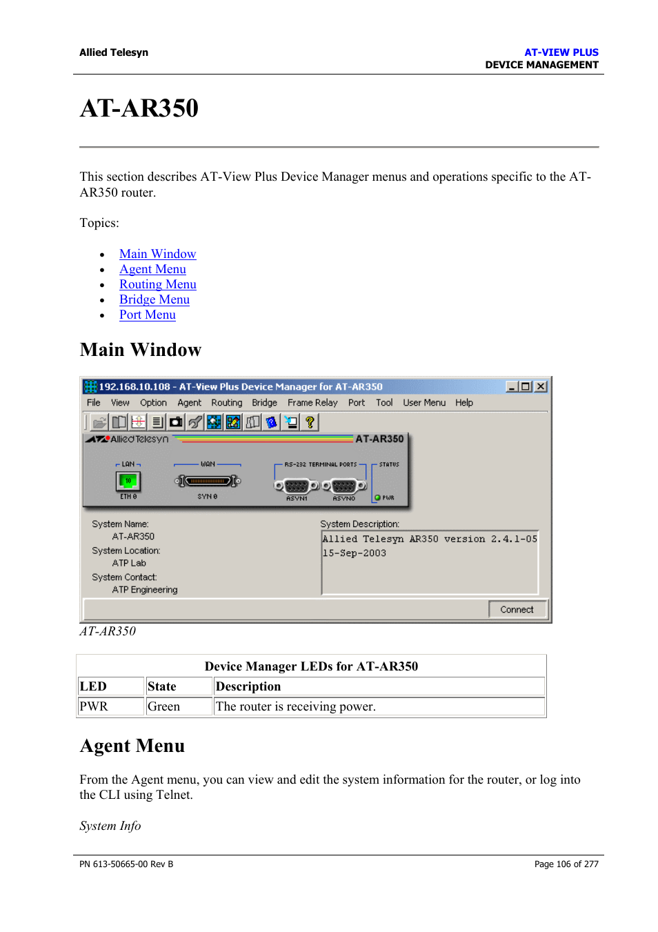 At-ar350, Main window, Agent menu | Main window agent menu | Allied Telesis AT-VIEW PLUS 3.1 DEVICE MANAGEMENT User Manual | Page 106 / 277