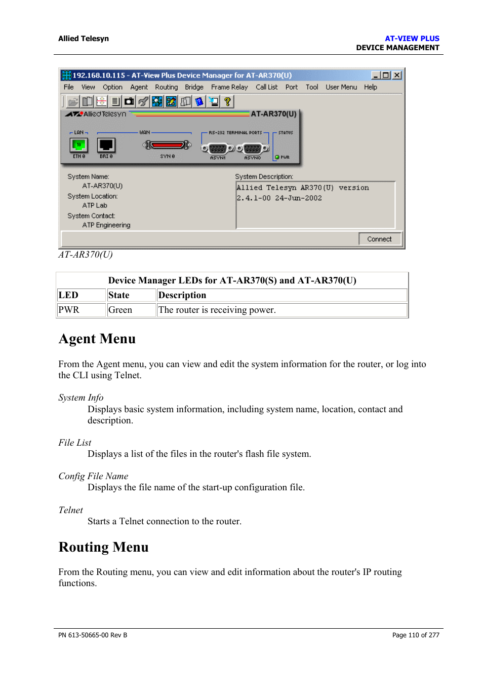 Agent menu, Routing menu, Agent menu routing menu | Allied Telesis AT-VIEW PLUS 3.1 DEVICE MANAGEMENT User Manual | Page 110 / 277