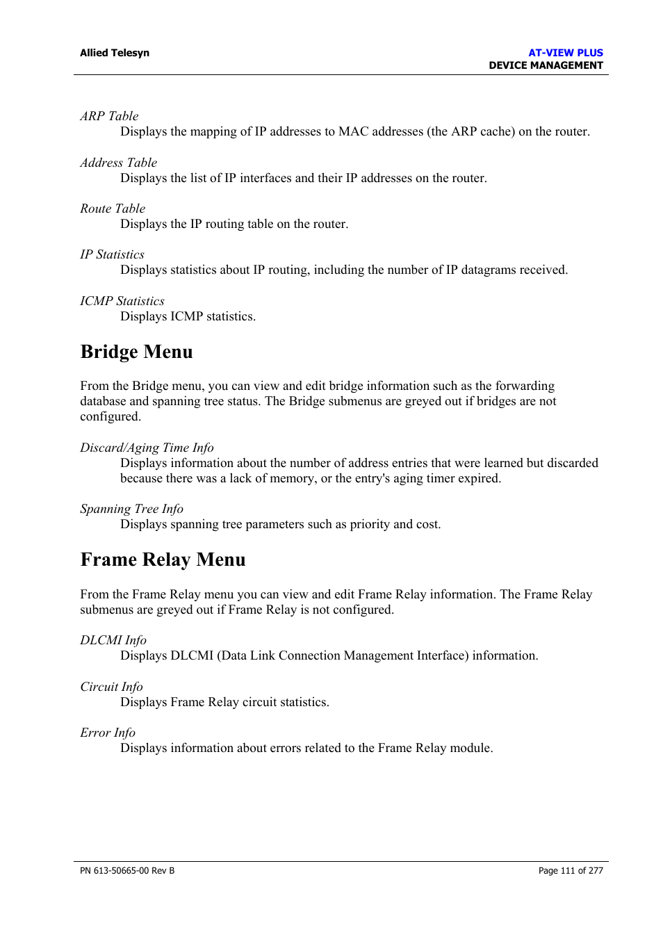 Bridge menu, Frame relay menu, Bridge menu frame relay menu | Call list menu | Allied Telesis AT-VIEW PLUS 3.1 DEVICE MANAGEMENT User Manual | Page 111 / 277