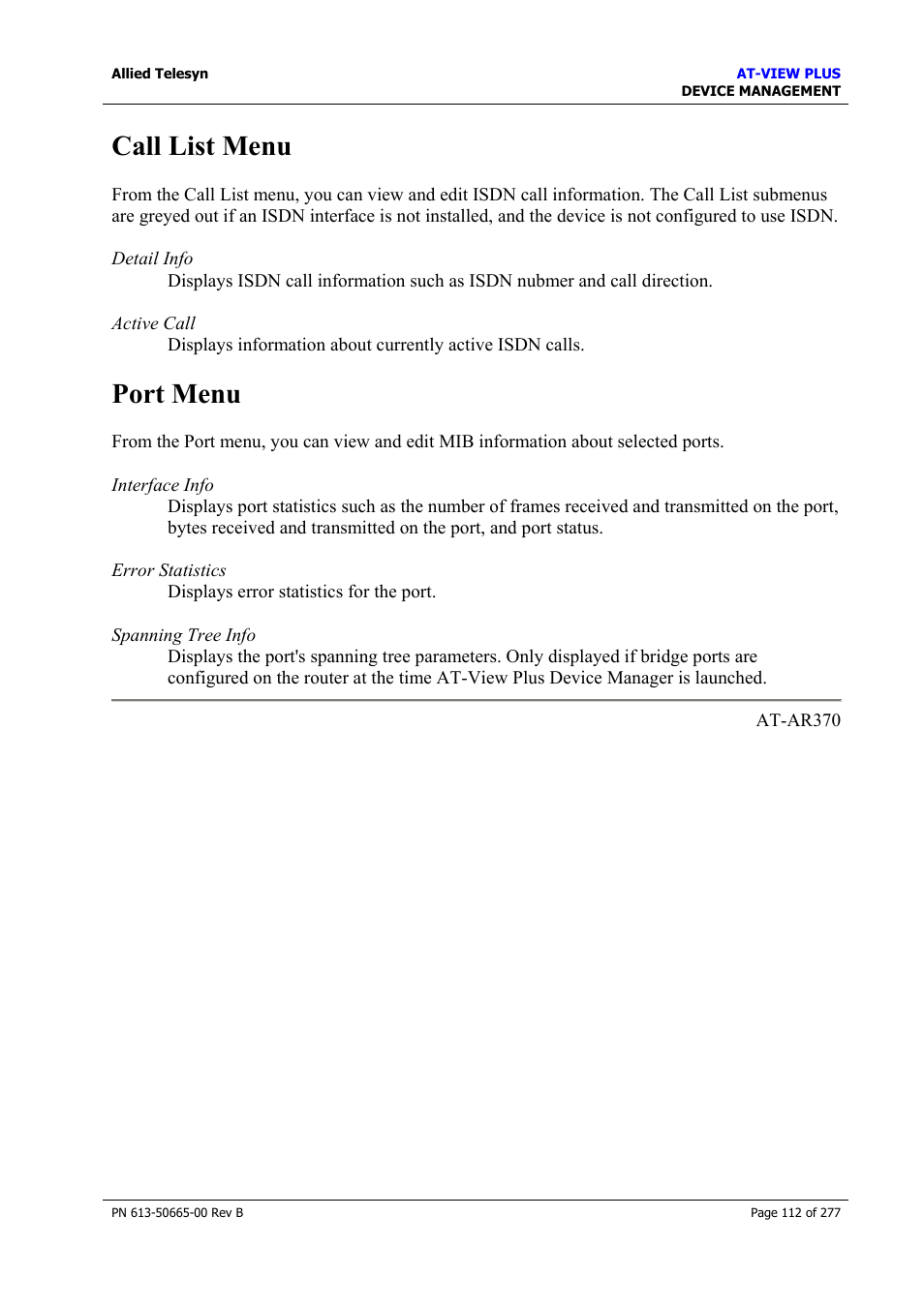 Call list menu, Port menu, Call list menu port menu | Allied Telesis AT-VIEW PLUS 3.1 DEVICE MANAGEMENT User Manual | Page 112 / 277