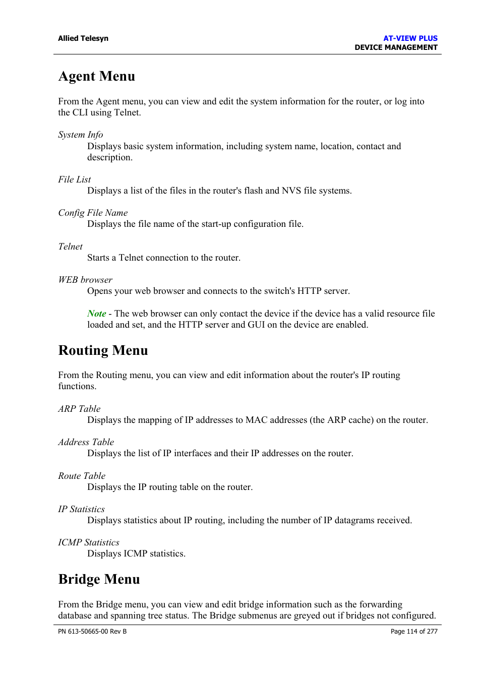 Agent menu, Routing menu, Bridge menu | Agent menu routing menu bridge menu | Allied Telesis AT-VIEW PLUS 3.1 DEVICE MANAGEMENT User Manual | Page 114 / 277