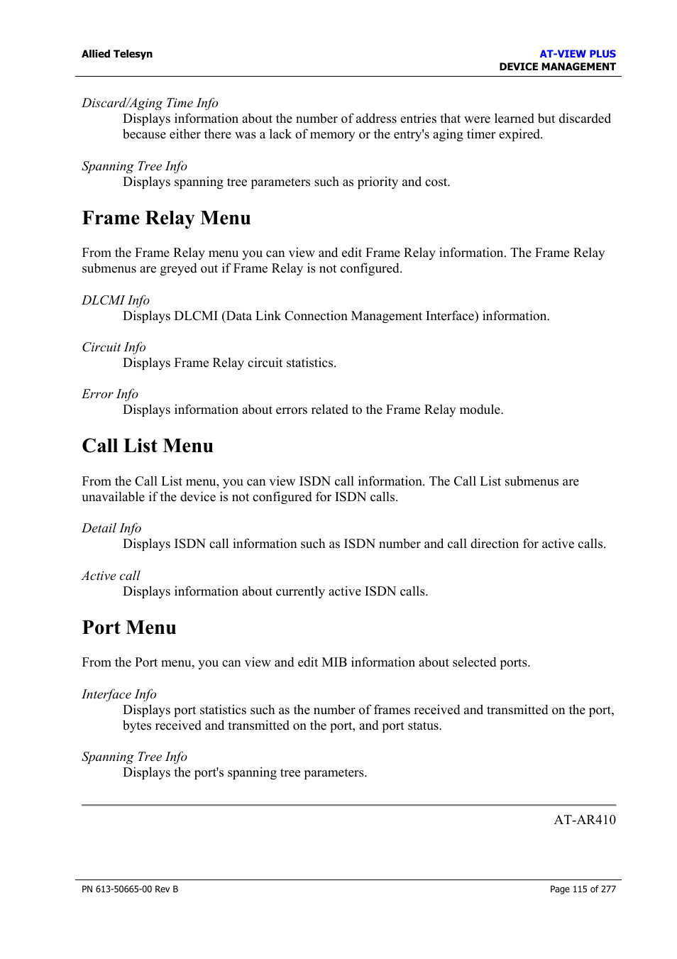 Frame relay menu, Call list menu, Port menu | Frame relay menu call list menu port menu | Allied Telesis AT-VIEW PLUS 3.1 DEVICE MANAGEMENT User Manual | Page 115 / 277