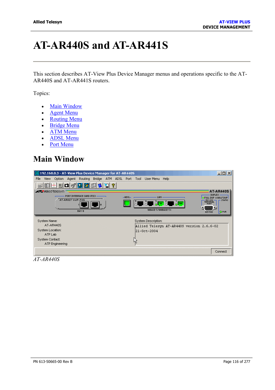 At-ar440s and at-ar441s, Main window | Allied Telesis AT-VIEW PLUS 3.1 DEVICE MANAGEMENT User Manual | Page 116 / 277