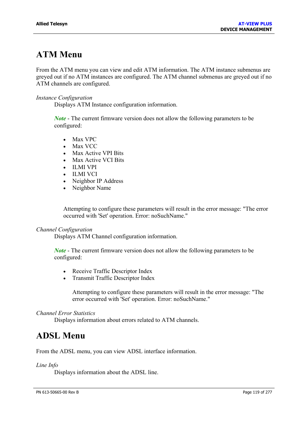 Atm menu, Adsl menu, Atm menu adsl menu | Allied Telesis AT-VIEW PLUS 3.1 DEVICE MANAGEMENT User Manual | Page 119 / 277