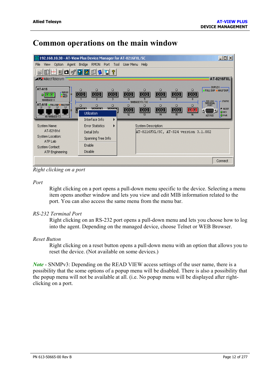 Common operations on the main window, Menu for stacked devices | Allied Telesis AT-VIEW PLUS 3.1 DEVICE MANAGEMENT User Manual | Page 12 / 277