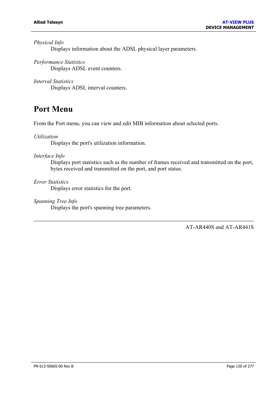 Port menu | Allied Telesis AT-VIEW PLUS 3.1 DEVICE MANAGEMENT User Manual | Page 120 / 277