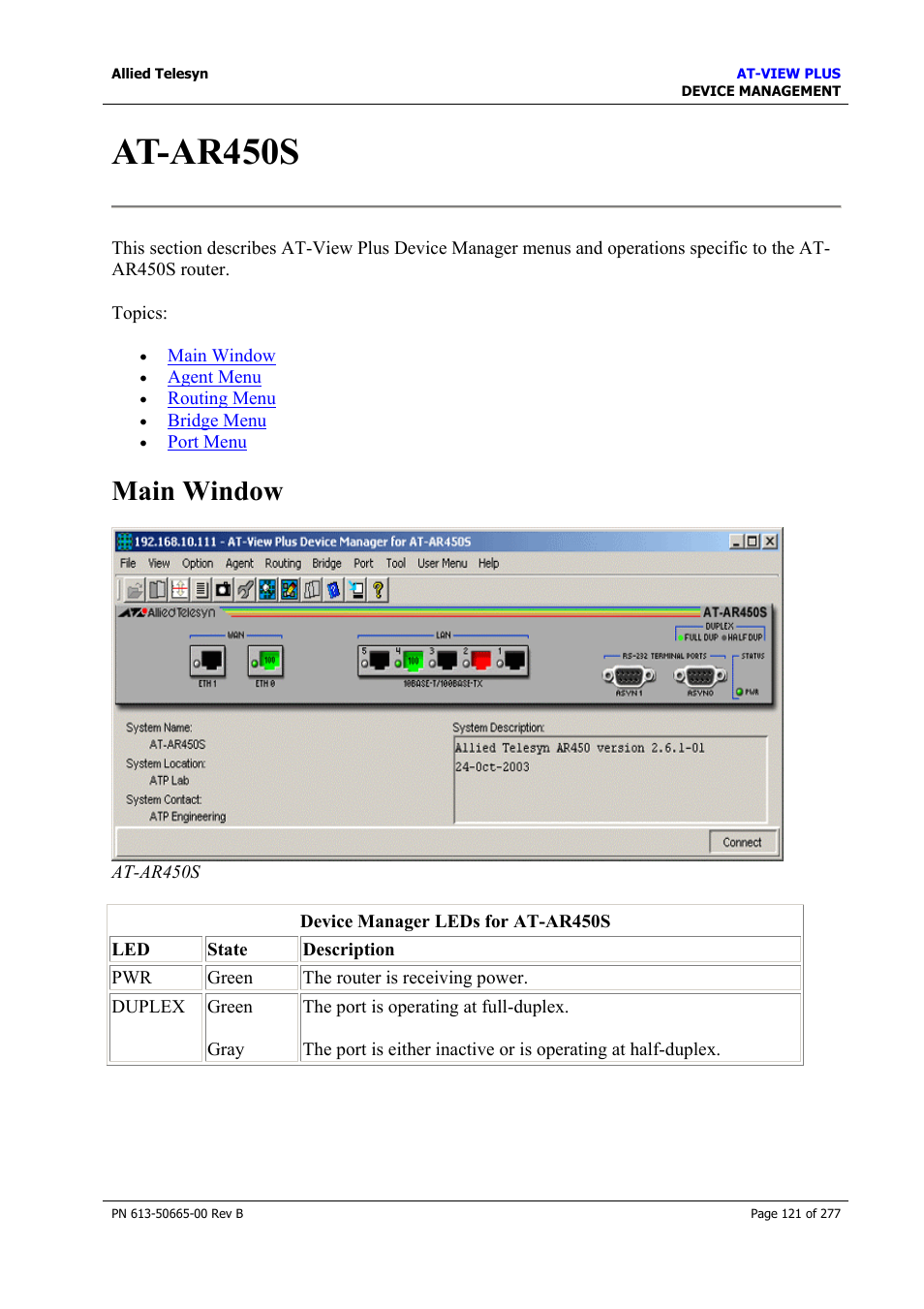 At-ar450s, Main window | Allied Telesis AT-VIEW PLUS 3.1 DEVICE MANAGEMENT User Manual | Page 121 / 277