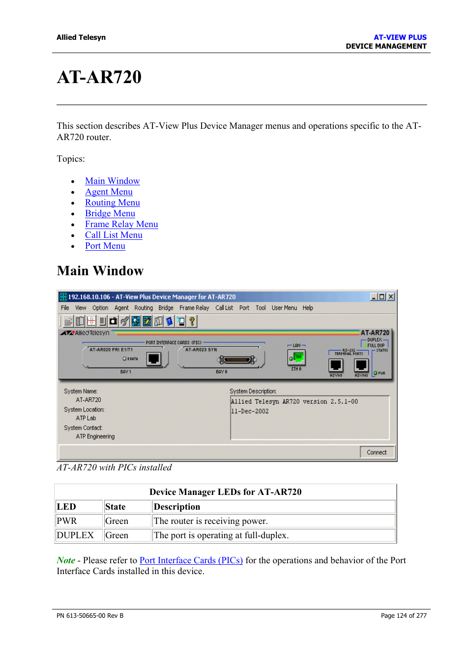 At-ar720, Main window | Allied Telesis AT-VIEW PLUS 3.1 DEVICE MANAGEMENT User Manual | Page 124 / 277