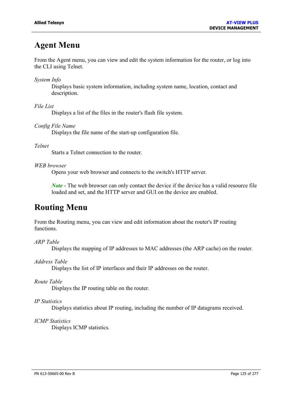 Agent menu, Routing menu, Agent menu routing menu | Bridge menu | Allied Telesis AT-VIEW PLUS 3.1 DEVICE MANAGEMENT User Manual | Page 125 / 277