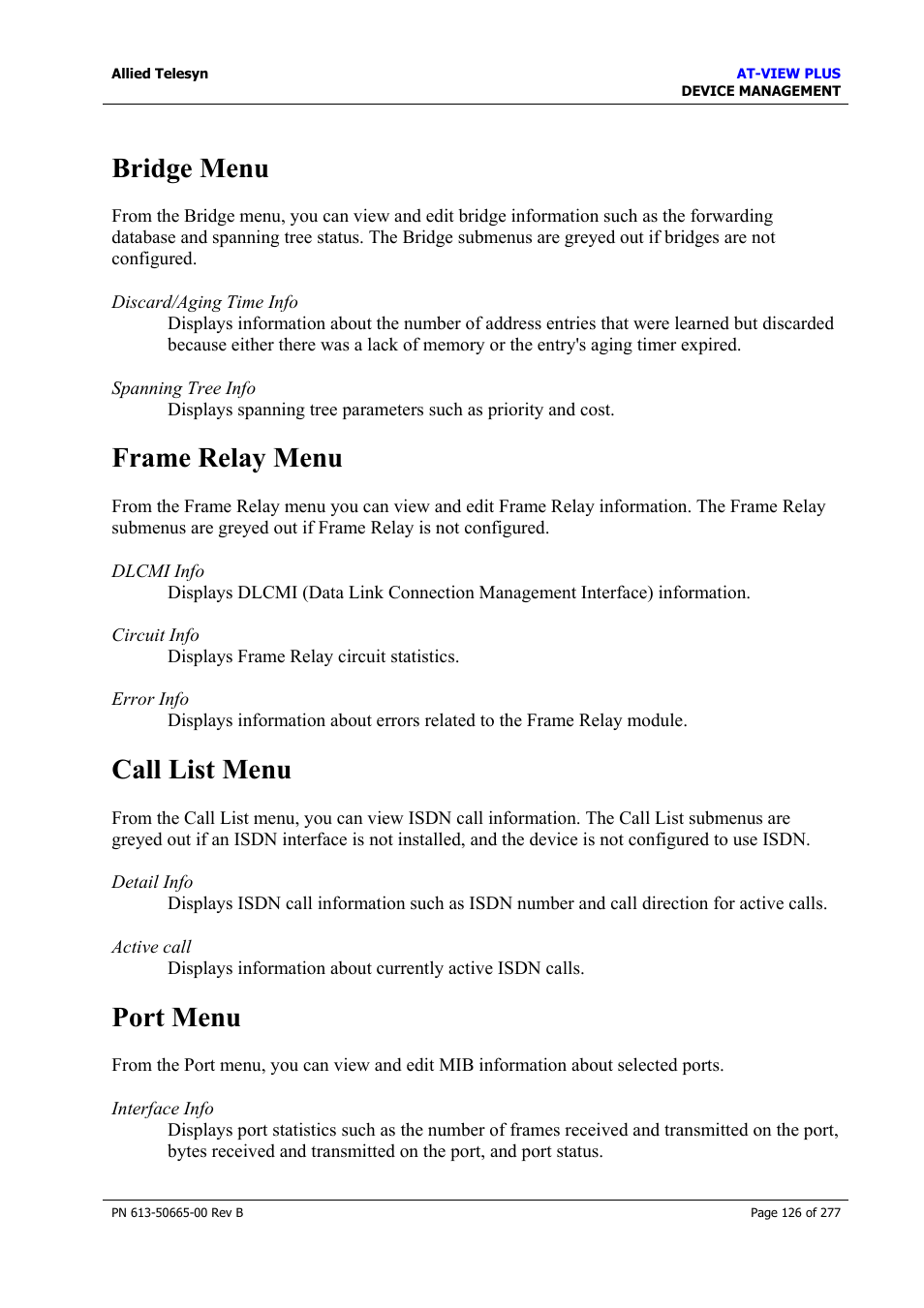 Bridge menu, Frame relay menu, Call list menu | Port menu | Allied Telesis AT-VIEW PLUS 3.1 DEVICE MANAGEMENT User Manual | Page 126 / 277