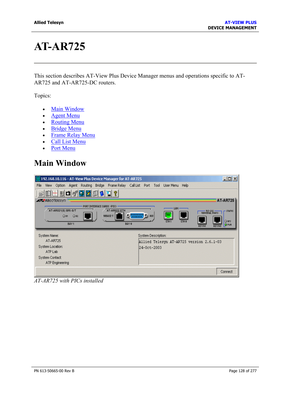 At-ar725, Main window | Allied Telesis AT-VIEW PLUS 3.1 DEVICE MANAGEMENT User Manual | Page 128 / 277