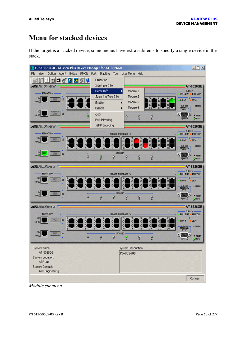 Menu for stacked devices, Port selection dialog box | Allied Telesis AT-VIEW PLUS 3.1 DEVICE MANAGEMENT User Manual | Page 13 / 277